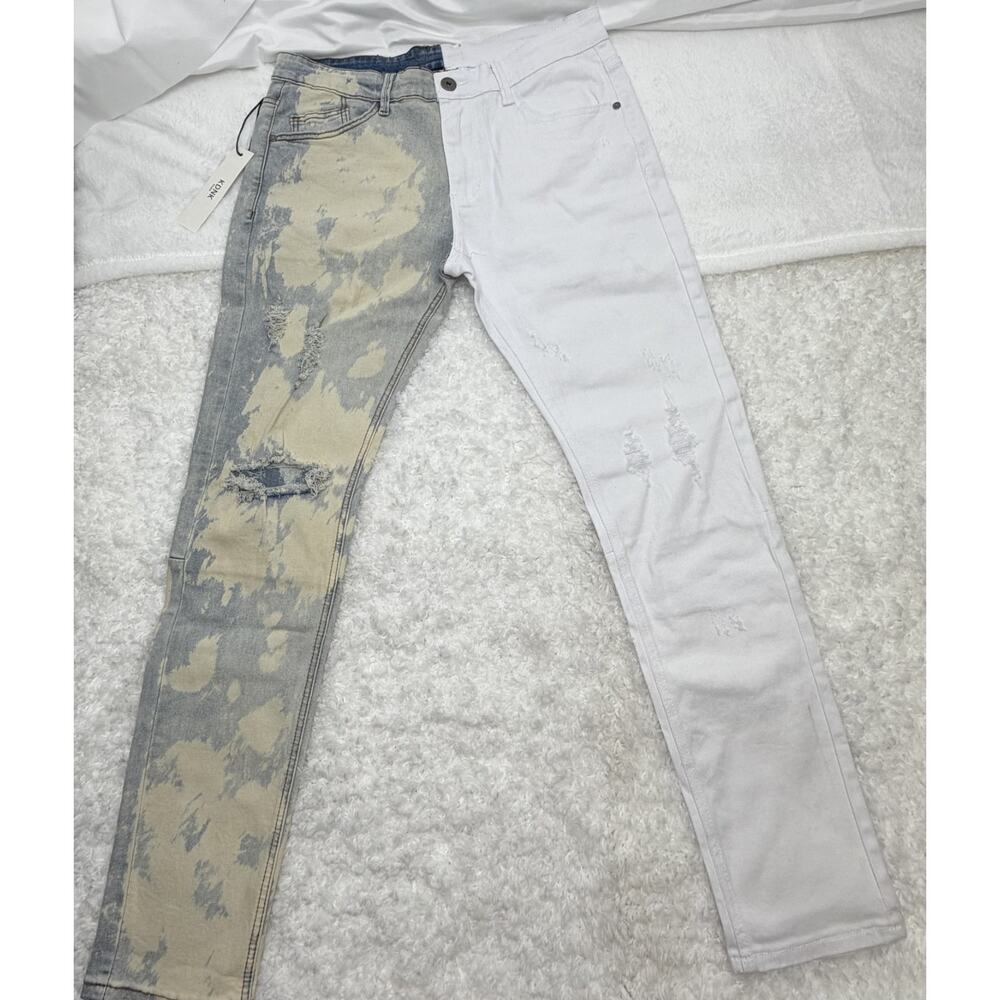KDNK‎ Slim Fit Distressed Bleach Splatter Jeans White Denim Straight 5-Pocket 34
